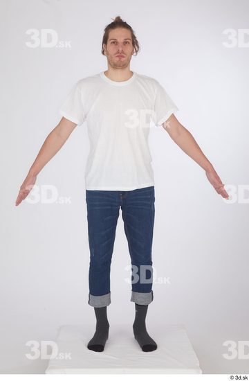 Whole Body Man White Casual Shirt Jeans Slim Standing Studio photo references