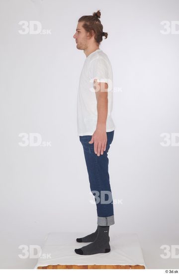 Whole Body Man White Casual Shirt Jeans Slim Standing Studio photo references