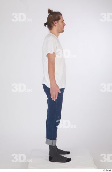 Whole Body Man White Casual Shirt Jeans Slim Standing Studio photo references