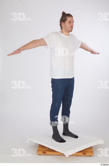 Whole Body Man T poses White Casual Shirt Jeans Slim Standing Studio photo references