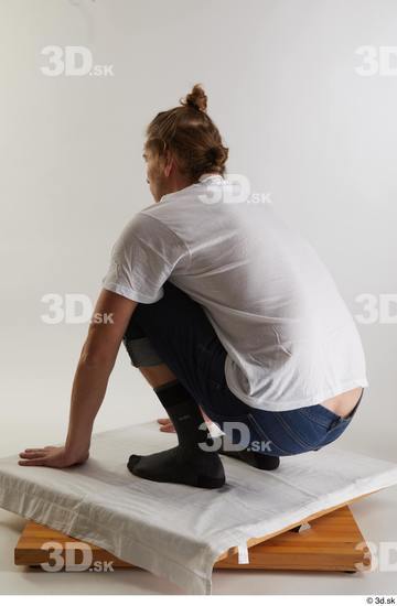 Whole Body Man White Casual Shirt Jeans Slim Kneeling Studio photo references