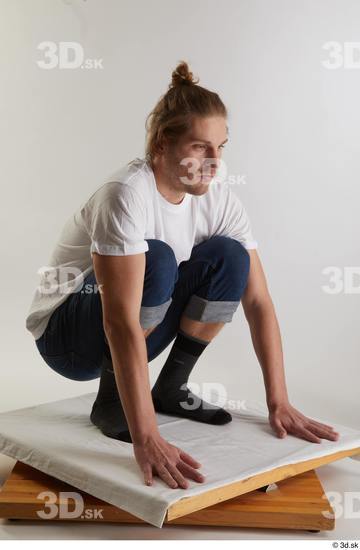 Whole Body Man White Casual Shirt Jeans Slim Kneeling Studio photo references