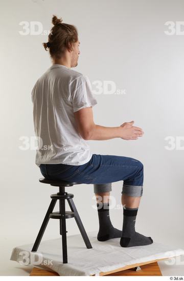 Whole Body Man White Casual Shirt Jeans Slim Sitting Studio photo references