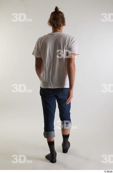Whole Body Back Man White Casual Shirt Jeans Slim Walking Studio photo references