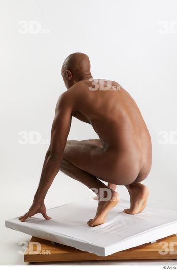 Whole Body Man Black Nude Slim Kneeling Studio photo references