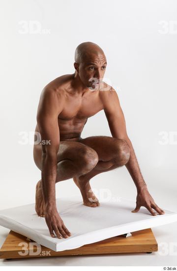 Whole Body Man Black Nude Slim Kneeling Studio photo references