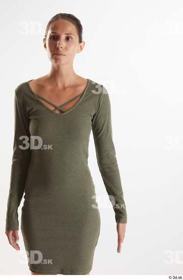 Vanessa Angel  arm casual dressed flexing front view green long sleeve dress  jpg