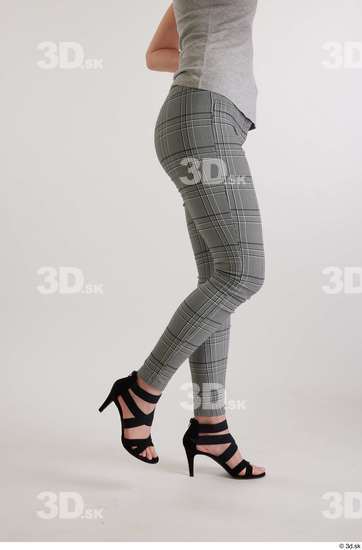 Olivia Sparkle  black high heels sandals casual dressed flexing grey checkered trousers leg side view  jpg