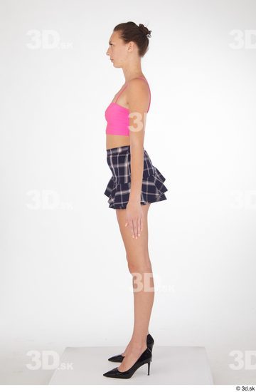 Isabella De Laa black high heels blue short skirt casual dressed pink crop top thin straps standing whole body  jpg
