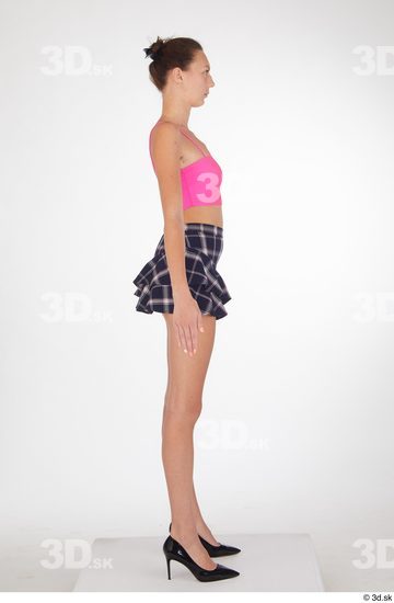 Isabella De Laa black high heels blue short skirt casual dressed pink crop top thin straps standing whole body  jpg
