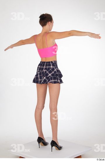 Isabella De Laa black high heels blue short skirt casual dressed pink crop top thin straps standing t pose whole body  jpg
