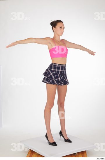 Isabella De Laa black high heels blue short skirt casual dressed pink crop top thin straps standing t pose whole body  jpg