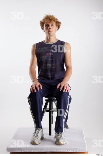 Whole Body Man White Sports Pants Slim Sitting Top Studio photo references