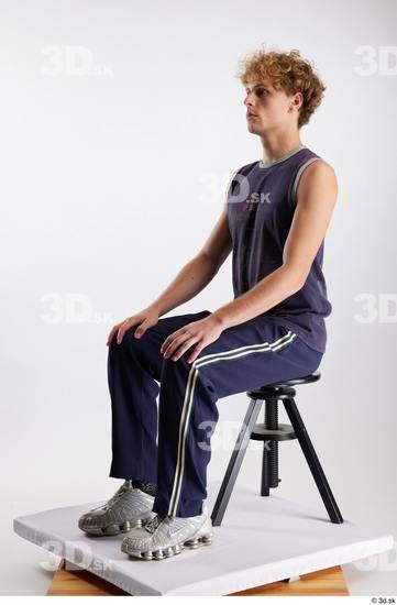 Whole Body Man White Sports Pants Slim Sitting Top Studio photo references