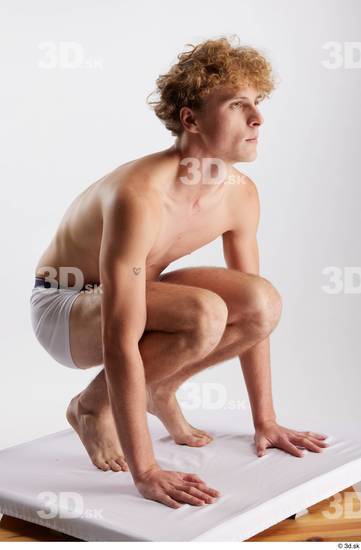 Whole Body Man White Underwear Slim Kneeling Studio photo references