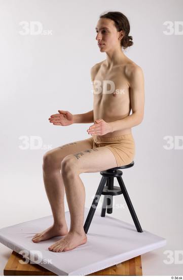 Whole Body Man White Underwear Slim Sitting Studio photo references