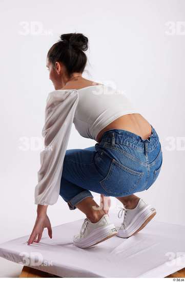 Whole Body Woman White Casual Slim Kneeling Studio photo references