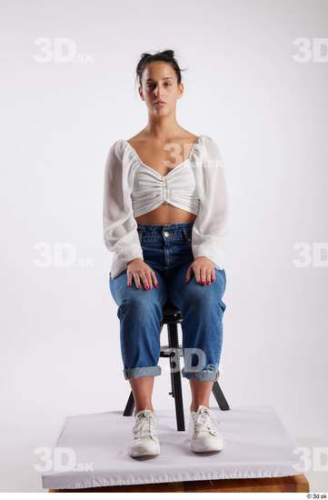 Whole Body Woman White Casual Slim Sitting Studio photo references