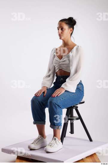 Whole Body Woman White Casual Slim Sitting Studio photo references