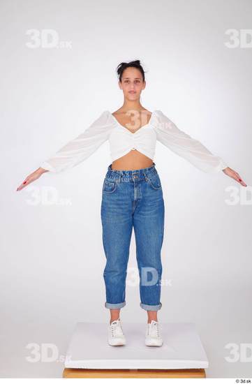 Whole Body Woman White Jeans Blouse Slim Standing Studio photo references