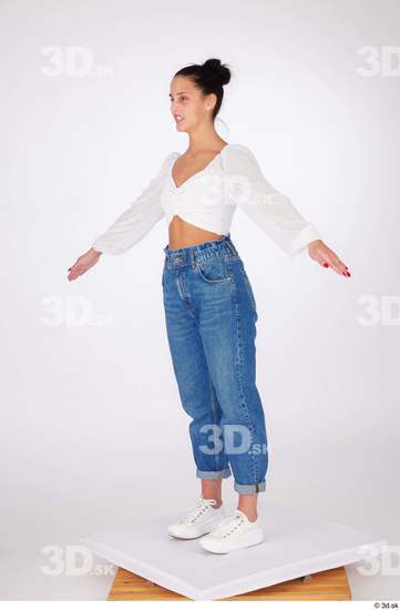 Whole Body Woman White Jeans Blouse Slim Standing Studio photo references