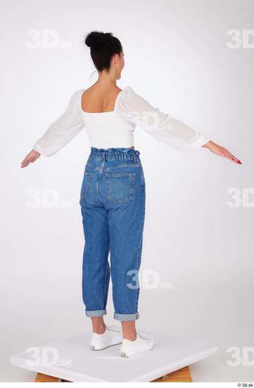 Whole Body Woman White Jeans Blouse Slim Standing Studio photo references