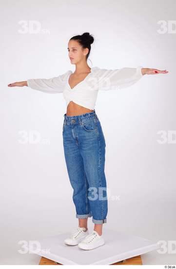 Whole Body Woman White Jeans Blouse Slim Standing Studio photo references