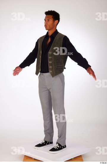 Whole Body Man Black Casual Shirt Trousers Vest Athletic Standing Studio photo references