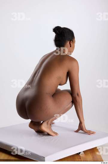 Whole Body Woman Black Nude Slim Kneeling Studio photo references