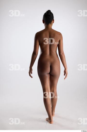 Whole Body Back Woman Black Nude Slim Walking Studio photo references