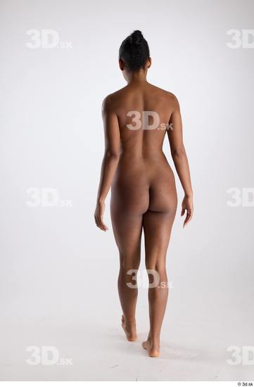 Whole Body Back Woman Black Nude Slim Walking Studio photo references