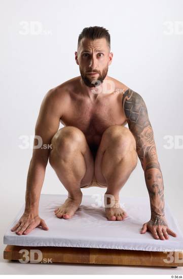 Whole Body Man White Underwear Slim Kneeling Studio photo references