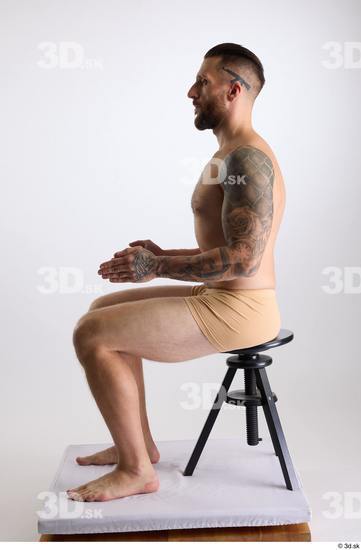 Whole Body Man White Underwear Slim Sitting Studio photo references