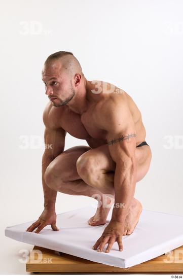 Whole Body Man White Underwear Muscular Kneeling Studio photo references