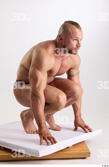 Whole Body Man White Underwear Muscular Kneeling Studio photo references