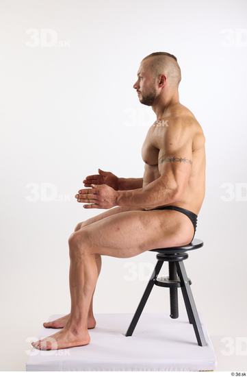 Whole Body Man White Underwear Muscular Sitting Studio photo references