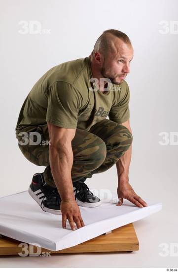 Whole Body Man White Casual Muscular Athletic Kneeling Studio photo references