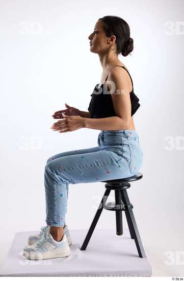 Whole Body Woman Casual Jeans Slim Sitting Top Studio photo references