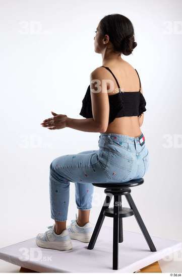 Whole Body Woman Casual Jeans Slim Sitting Top Studio photo references