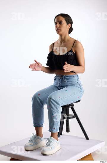 Whole Body Woman Casual Jeans Slim Sitting Top Studio photo references