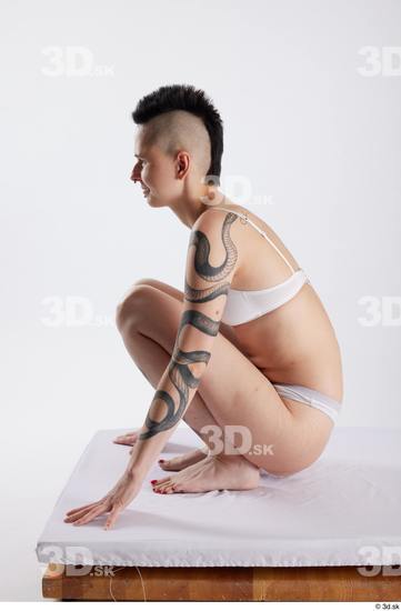 Whole Body Woman White Underwear Slim Kneeling Studio photo references